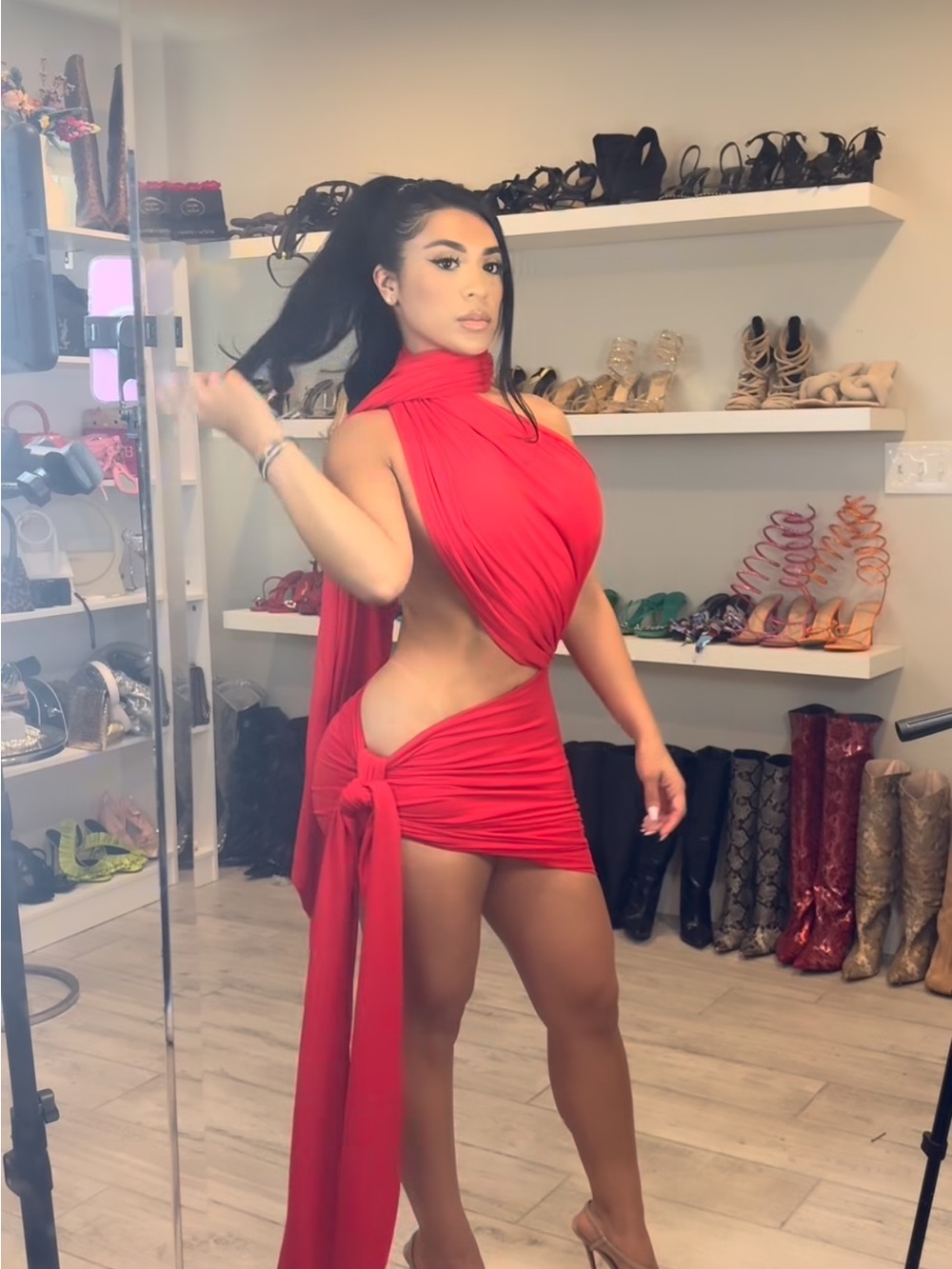 Red Draped Cutout Tie-Waist Mini Dress | BOUTIQUE DRESS